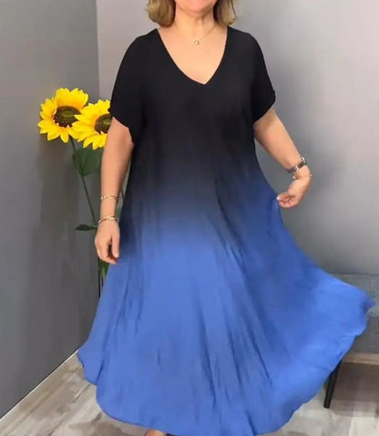 Women's Dress – Loose Fit – V-Neck – Knee Length – Short Sleeves – Soft Drape