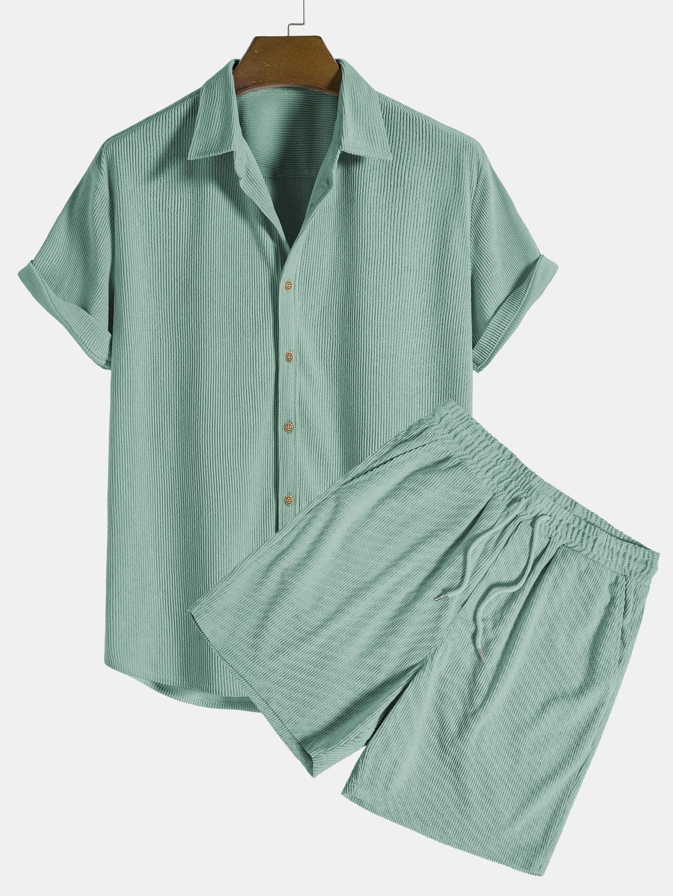 Men's Set - Short-Sleeved Shirt & Shorts - Button Closure - Elastic Waist - Ribbed Texture