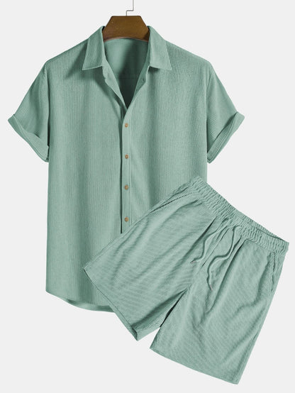 Men's Set - Short-Sleeved Shirt & Shorts - Button Closure - Elastic Waist - Ribbed Texture
