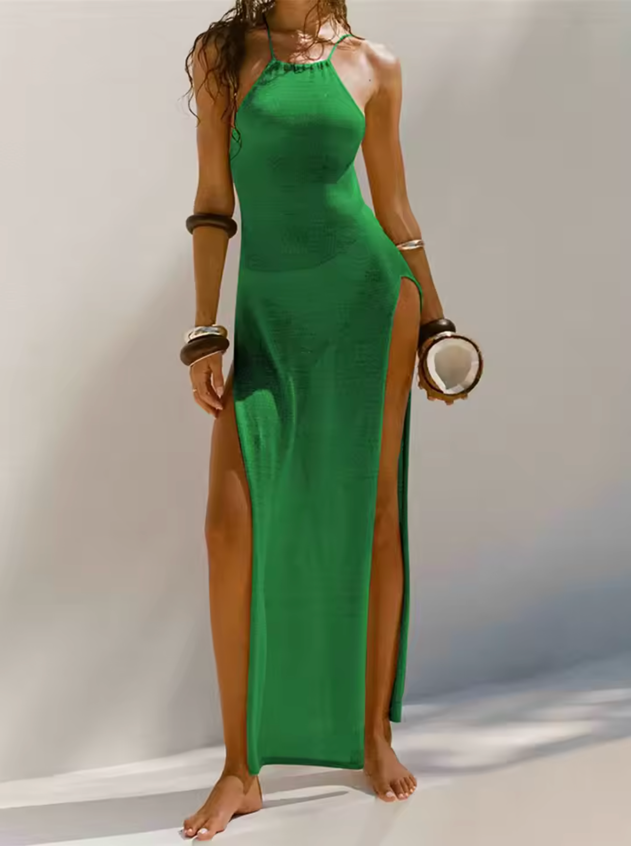 Women's Maxi Dress - Halterneck - Fitted - High Side Slits - Light and Flowy