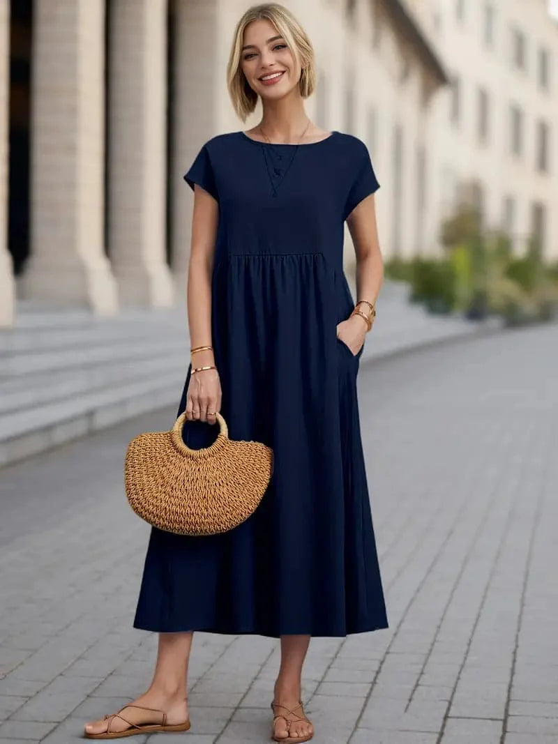 Women's Dress - A-line Fit - Short Sleeve - Round Neck - Midi Length - Lightweight and Breathable