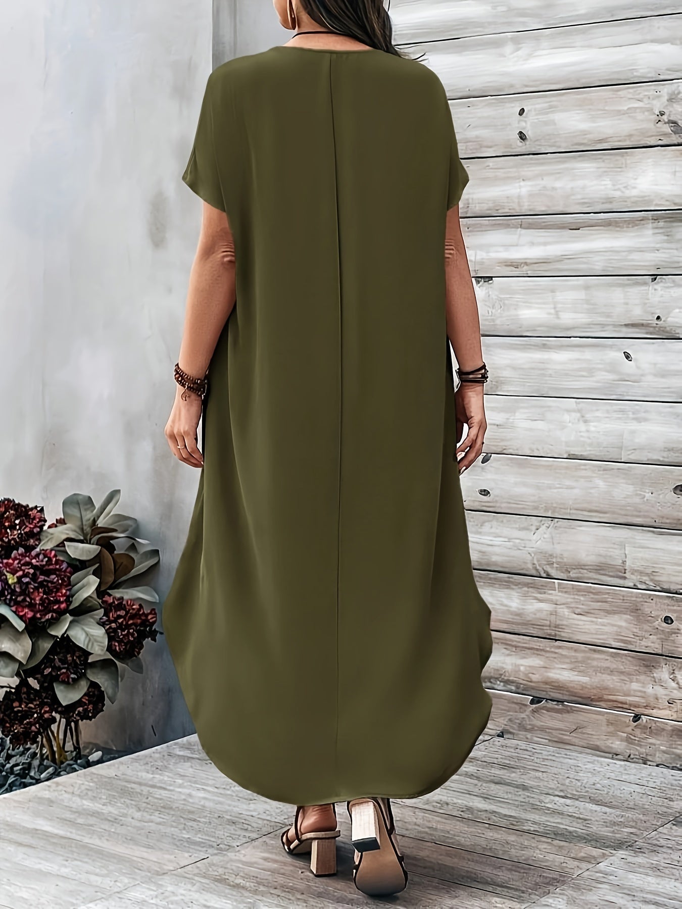 Women's Dress - Loose Fit - V-neck - Short Sleeves - Asymmetric Hem - Light and Airy
