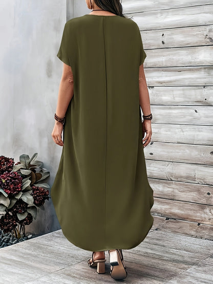 Women's Dress - Loose Fit - V-neck - Short Sleeves - Asymmetric Hem - Light and Airy