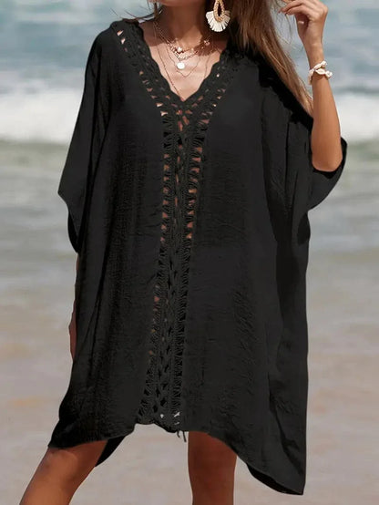 Women's Beach Kimono - Light and Airy - V-Neck with Lace Details - Short Sleeves