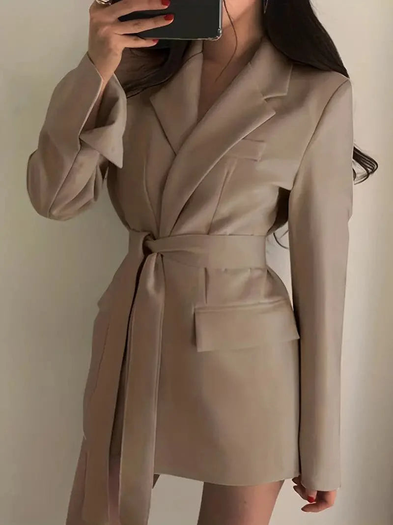Women's Blazer Dress - Tailored Fit - Belted Waist - Single Button with Flap Pockets