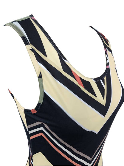 Women's Maxi Dress - Sleeveless - High Neck - Side Slit - Geometric Pattern