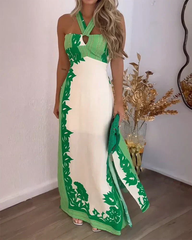 Women's Maxi Dress – Halterneck with Cross Straps – Nature-Inspired Print – Elegant Fit