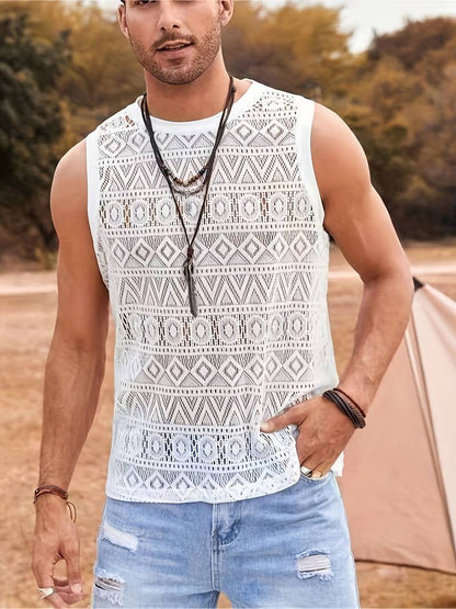 Men's Tank Top - Breathable Crochet Design - Geometric Pattern - Crew Neck