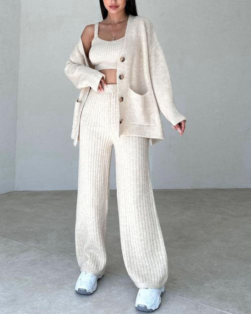 Women's Knitted Lounge Set - Cardigan, Crop Top and Wide-Leg Pants - Soft Comfort