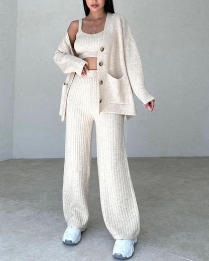 Women's Knitted Lounge Set - Cardigan, Crop Top and Wide-Leg Pants - Soft Comfort