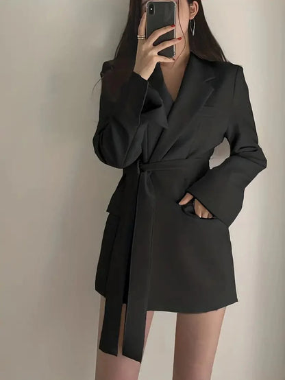Women's Blazer Dress - Tailored Fit - Belted Waist - Single Button with Flap Pockets