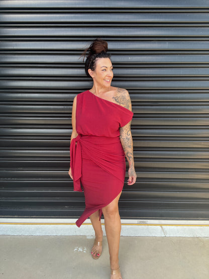 Women Dress - Asymmetric One-Shoulder - Slim Fit - Midi Length with Slit