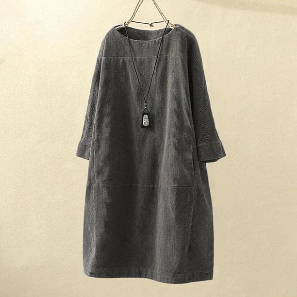 Women Corduroy Dress - Loose Fit - Three-Quarter Sleeves - Soft and Comfortable