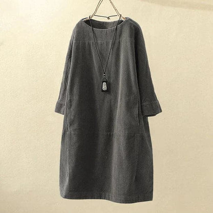 Women Corduroy Dress - Loose Fit - Three-Quarter Sleeves - Soft and Comfortable