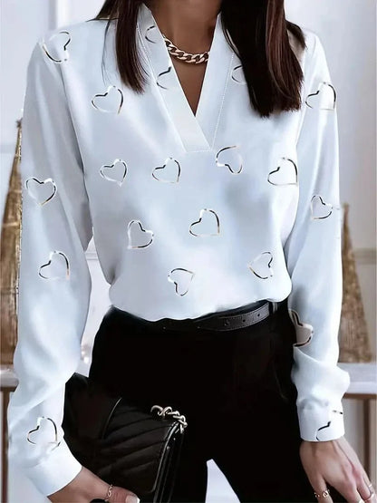 Women's Blouse - V-neck - Lightweight Fabric - Loose Fit - Elegant Long Sleeves - Heart Pattern
