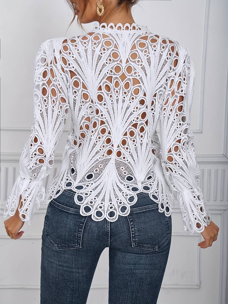 Women's Lace Blouse - Long-Sleeved V-Neck - Button Closure - Elegant Transparent Design