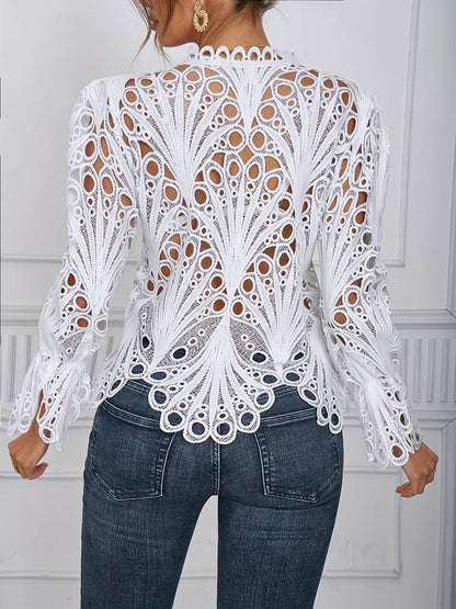Women's Lace Blouse - Long-Sleeved V-Neck - Button Closure - Elegant Transparent Design