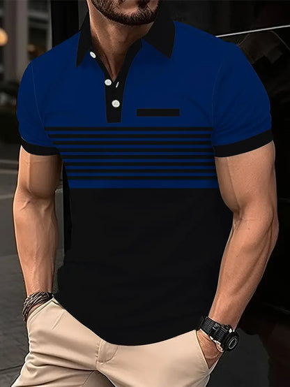 Men's Polo Shirt - Striped Design - Tailored Fit - Short-Sleeved Breathable Casual