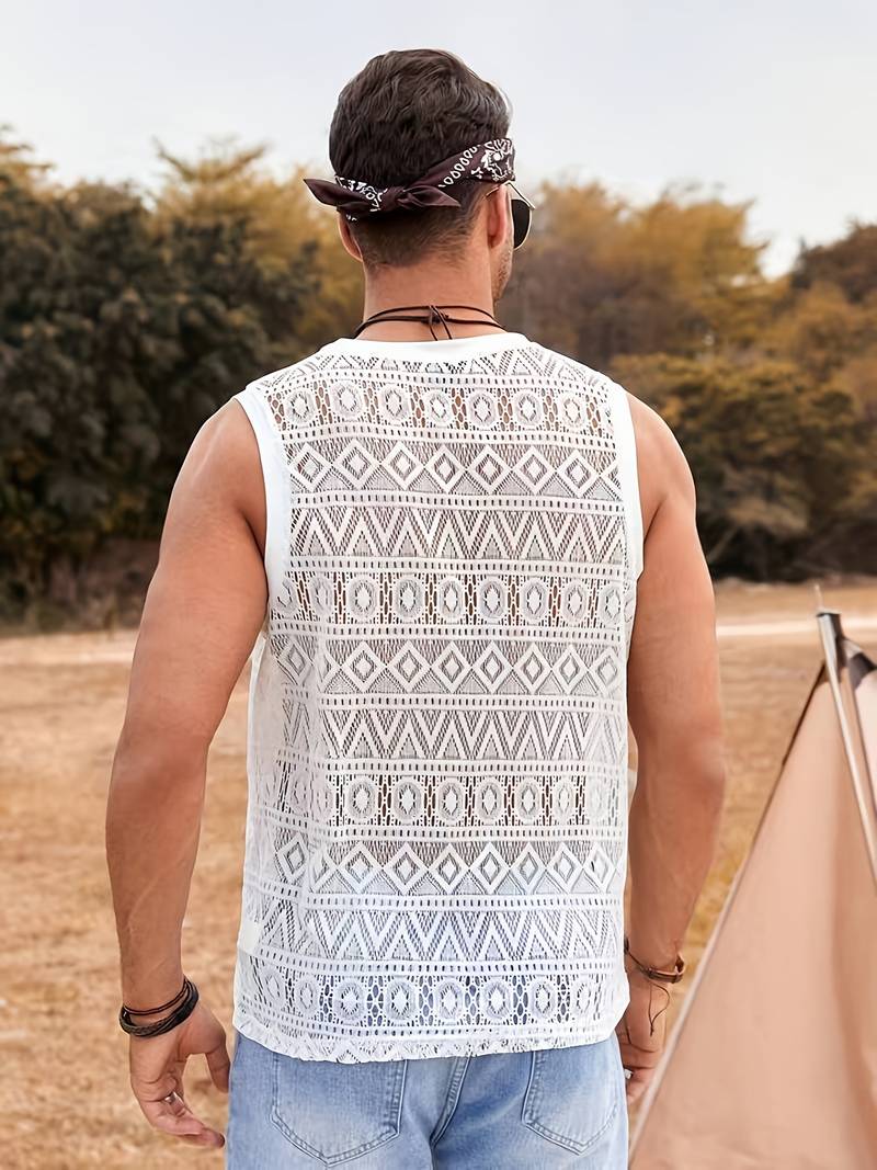 Men's Tank Top - Breathable Crochet Design - Geometric Pattern - Crew Neck