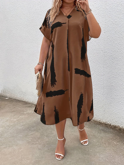 Women's Midi Dress - Loose Fit - V-neck - Short Sleeves - Light and Airy