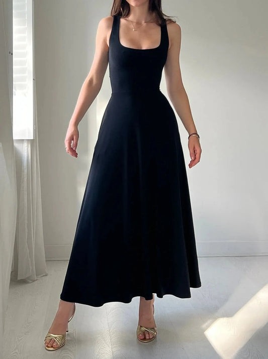 Women's Dress - Sleeveless A-line - Tailored with Round Neck - Elegant Long Model