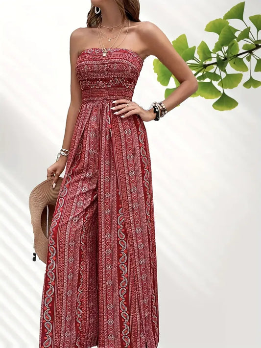 Women's Jumpsuit - Strapless Smock Top - Wide Legs - Bohemian Pattern