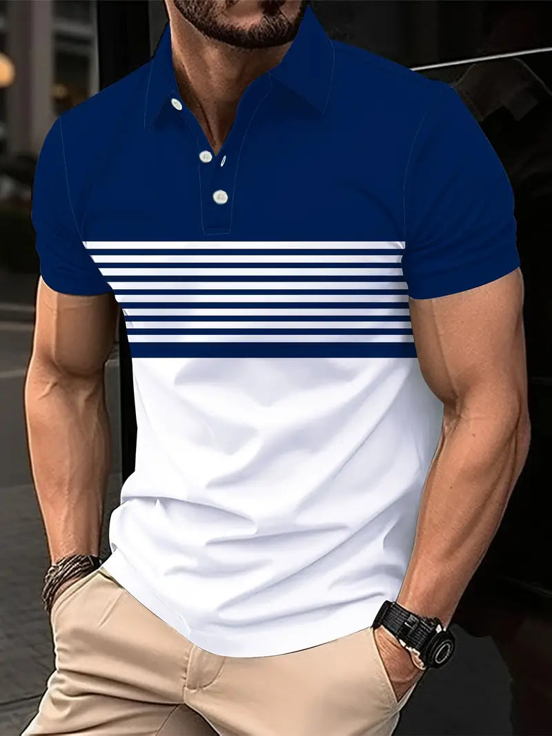 Men's Polo Shirt - Striped Design - Tailored Fit - Short-Sleeved Breathable Casual