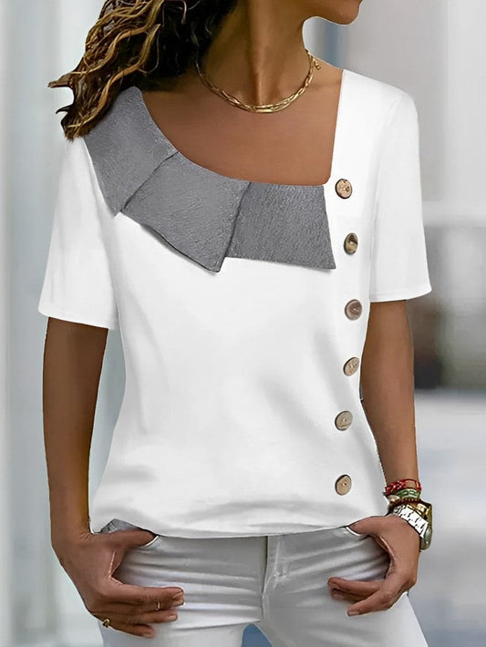 Women's Blouse - Asymmetric Neckline - Button Details - Relaxed Fit - Short Sleeves