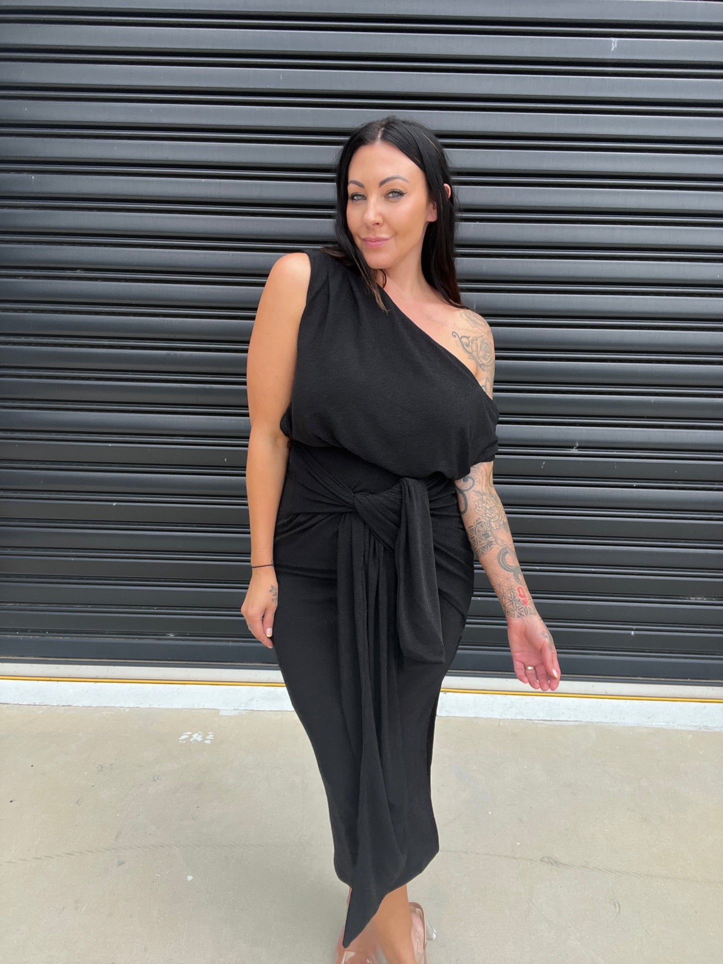 Women Dress - Asymmetric One-Shoulder - Slim Fit - Midi Length with Slit