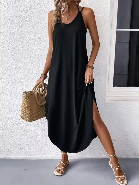 Women's Maxi Dress - Sleeveless with High Neck - Loose Fit - Side Slits