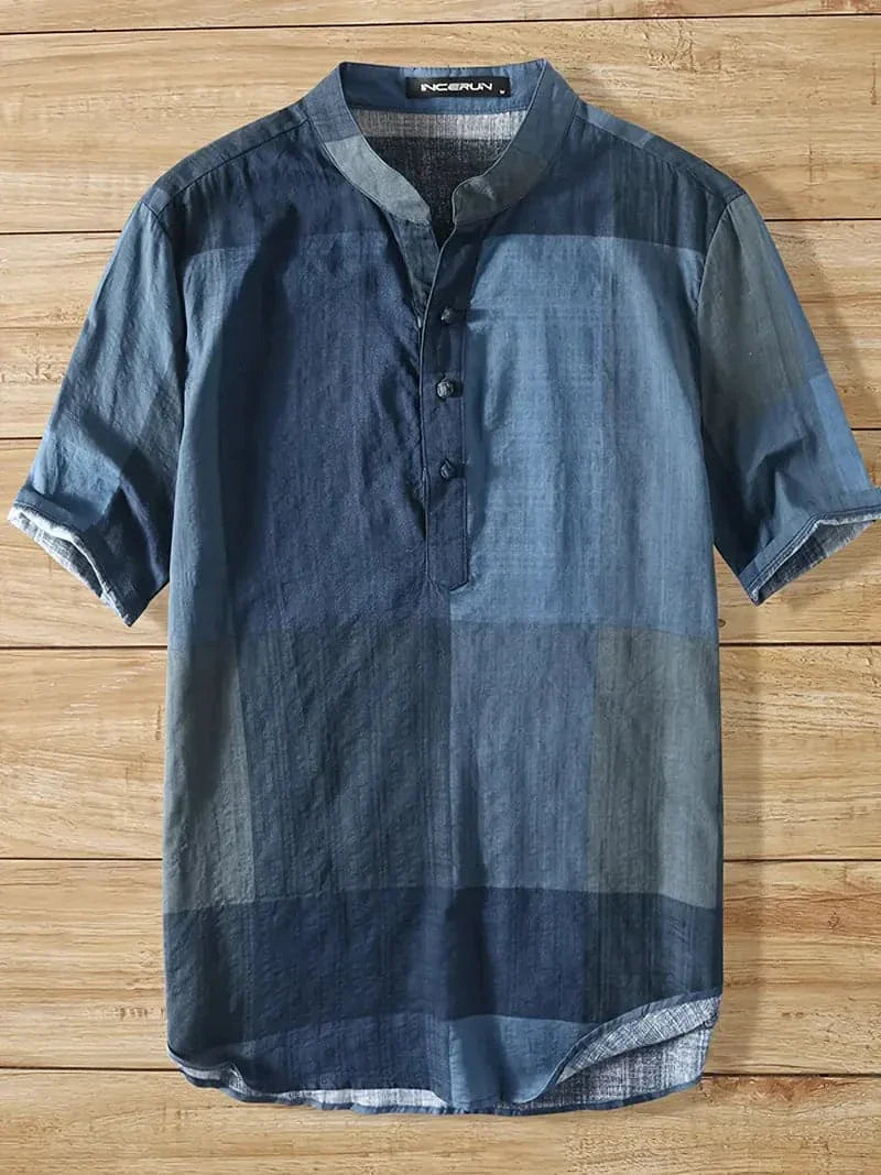 Men's Shirt - Short Sleeved - Mandarin Collar - Button Closure - Checkered Pattern - Textured Fabric