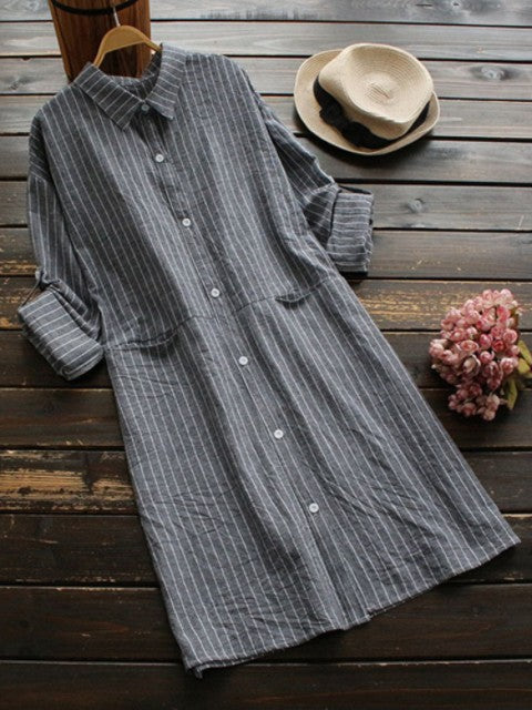 Women's Shirt – Midi Length – Relaxed Fit – Cotton – Striped with 3/4 Sleeves
