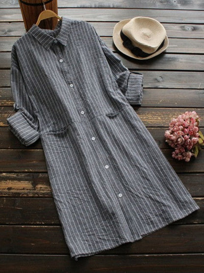 Women's Shirt – Midi Length – Relaxed Fit – Cotton – Striped with 3/4 Sleeves