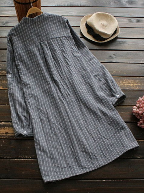Women's Shirt – Midi Length – Relaxed Fit – Cotton – Striped with 3/4 Sleeves