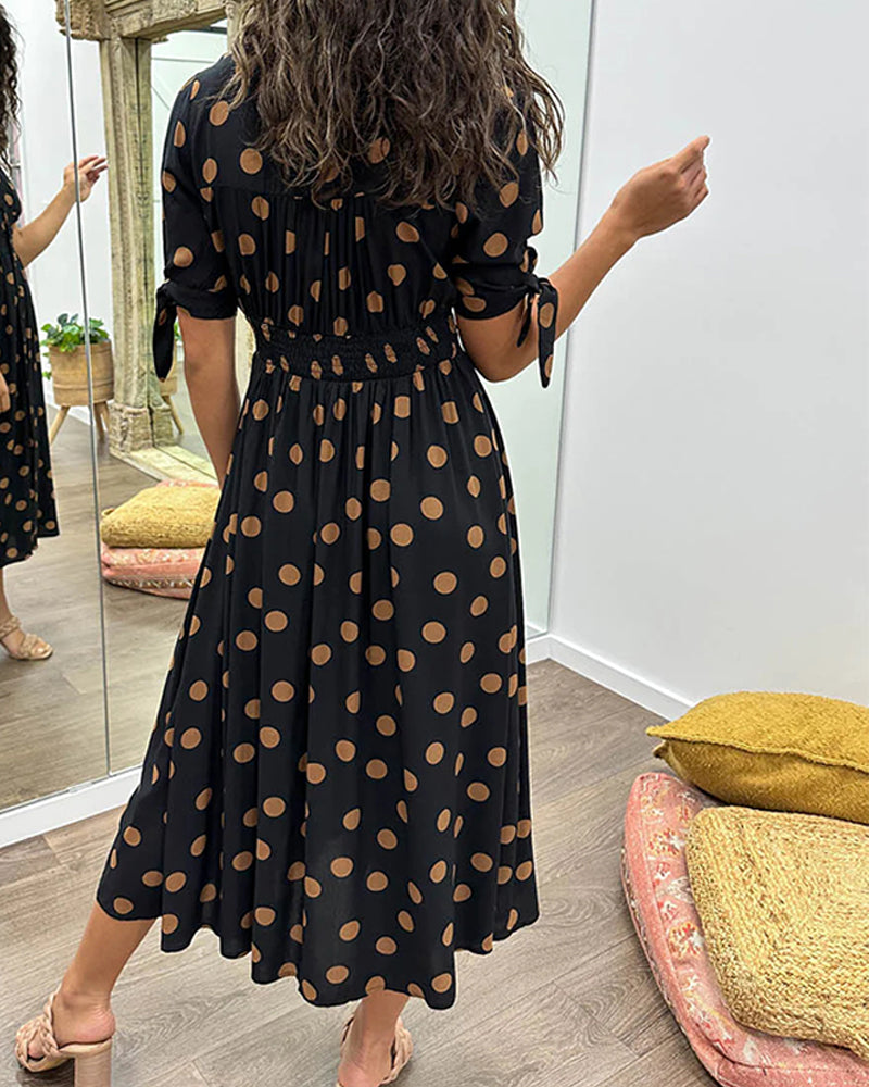 Women's Midi Dress - V-Neck - Tieable Half-Sleeves - Fitted A-Line - Elegant Polka Dot Pattern