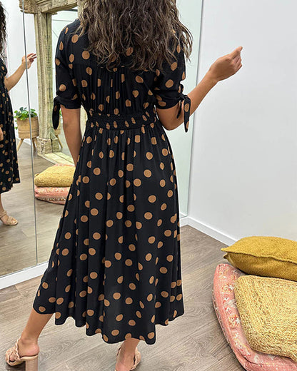 Women's Midi Dress - V-Neck - Tieable Half-Sleeves - Fitted A-Line - Elegant Polka Dot Pattern