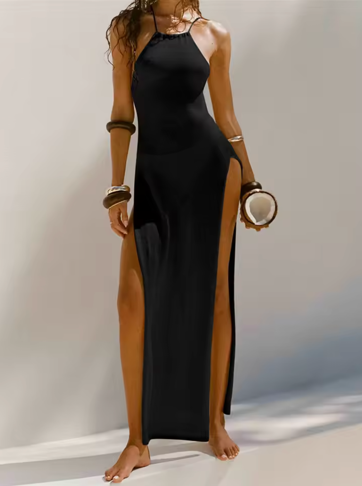 Women's Maxi Dress - Halterneck - Fitted - High Side Slits - Light and Flowy