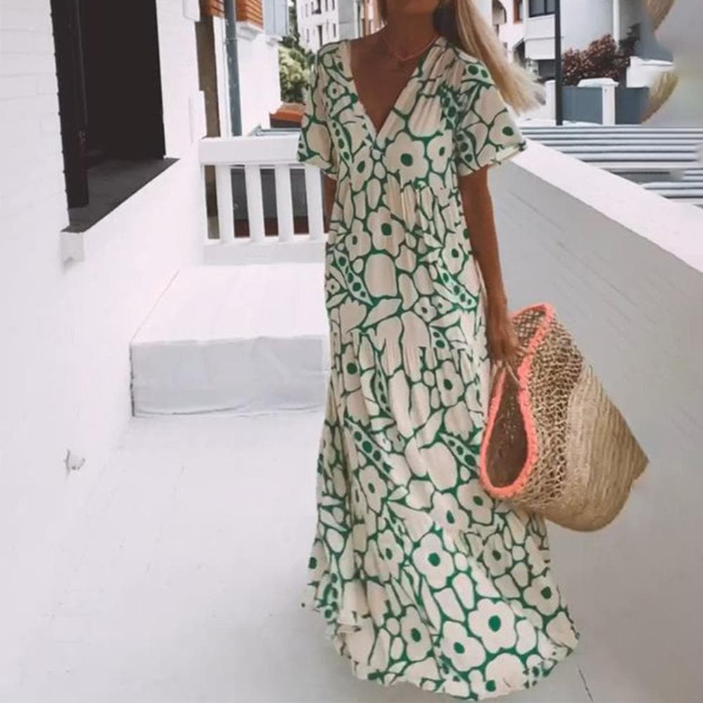 Women's Maxi Dress - Loose Fit - Short Sleeves - V-neck - Floral Pattern