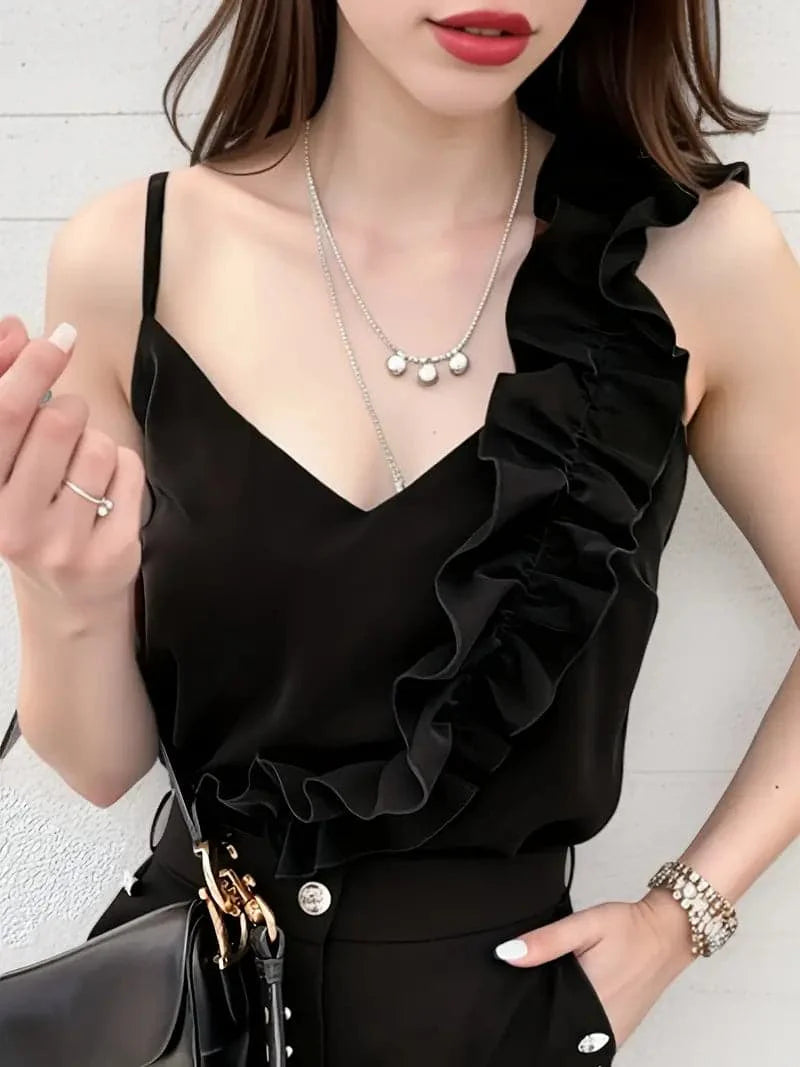 Women's Top - Sleeveless V-neck - Spaghetti Straps - Asymmetric Ruffle Detail