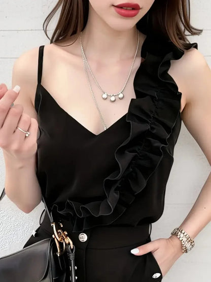 Women's Top - Sleeveless V-neck - Spaghetti Straps - Asymmetric Ruffle Detail