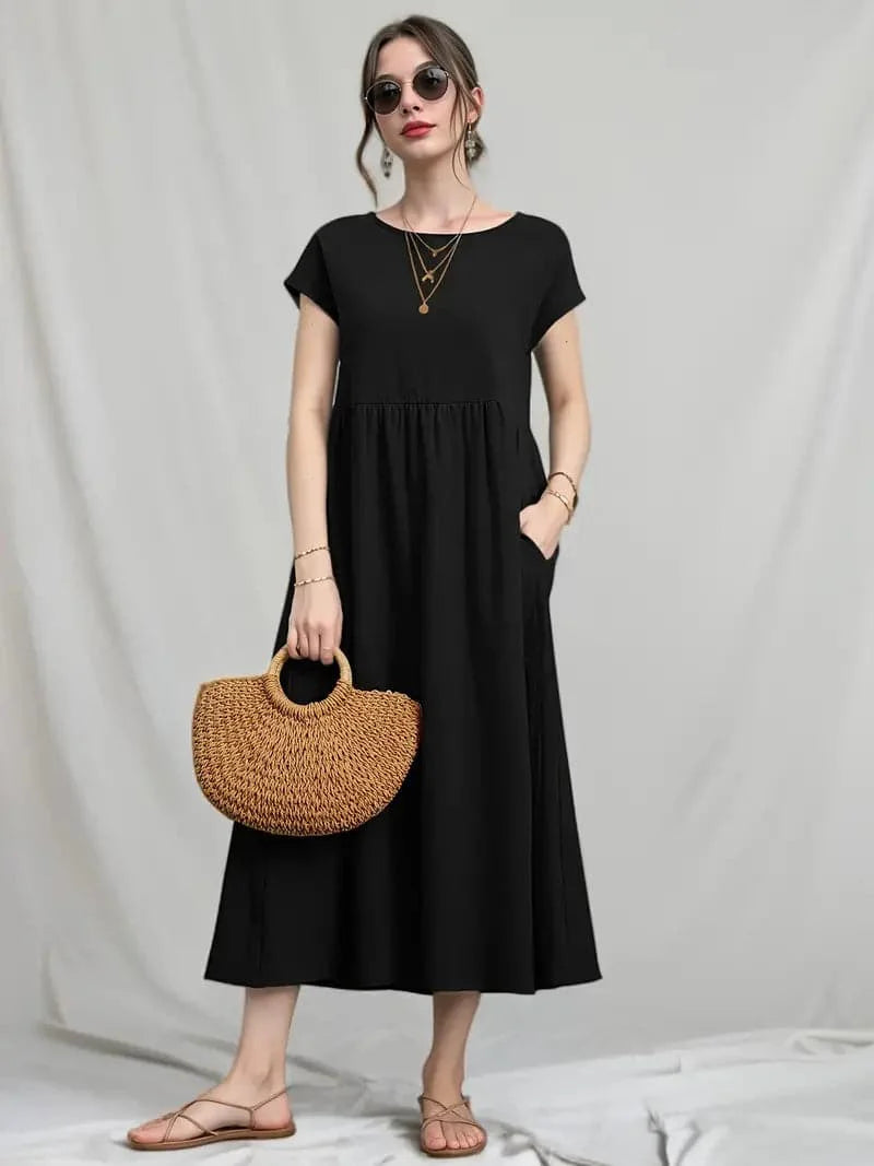 Women's Dress - A-line Fit - Short Sleeve - Round Neck - Midi Length - Lightweight and Breathable