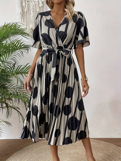 Women's Midi Dress - Polka Dotted - Tie Belt - Pleated Skirt - Elegant Elbow-Length Sleeves