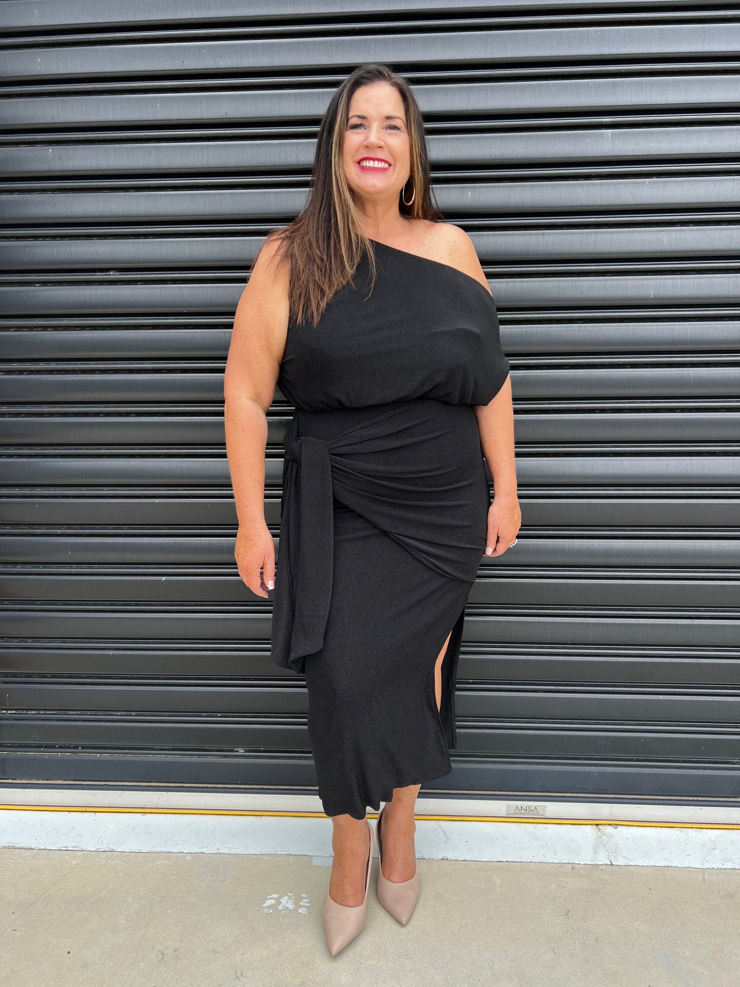 Women Dress - Asymmetric One-Shoulder - Slim Fit - Midi Length with Slit