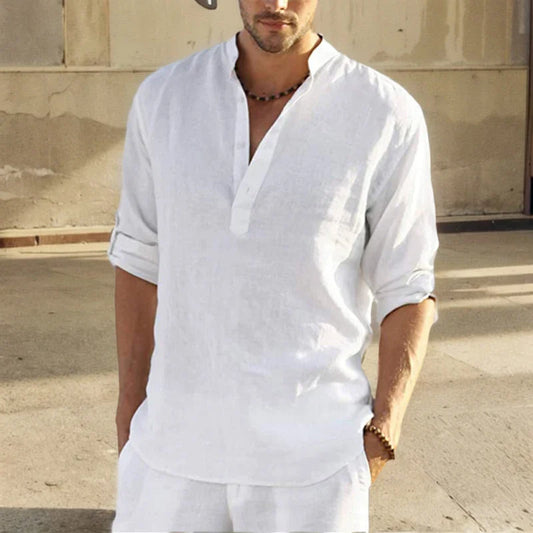 Men's Shirt – Loose Fit – Breathable Material – Long Sleeves with Stand Collar