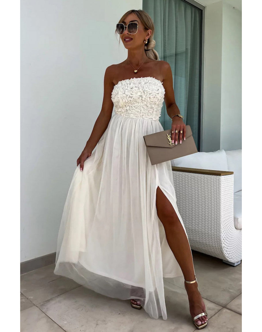 Women's Maxi Dress – Strapless Textured Bodice – Elegant Slit – Light Skirt