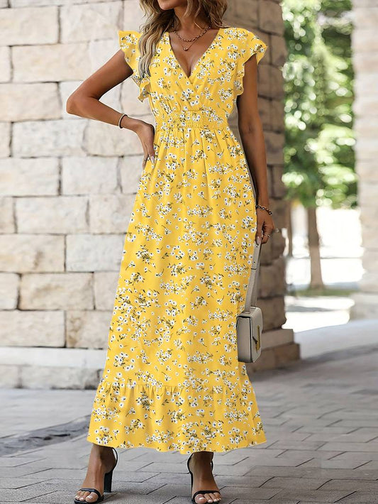 Women's Maxi Dress - V-Neck - Short Ruffle Sleeves - Smock Waist - A-Line Cut