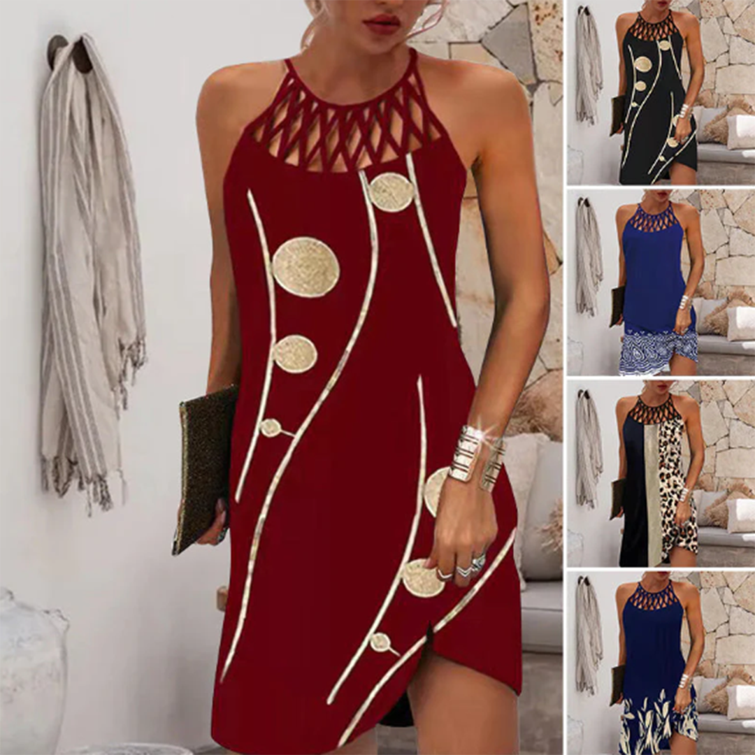 Women's Mini Dress - Sleeveless Halterneck - Embellished Pattern - Relaxed Fit
