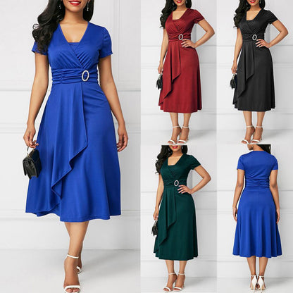 Women's Midi Dress - Wrap Design - V-Neck - Short Sleeves - Elegant Waist Belt