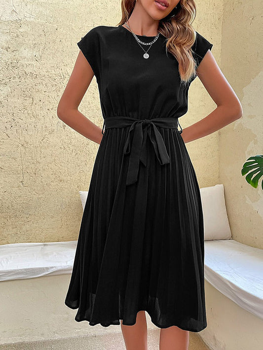 Women's Dress - A-Line - Knee-Length - Tie Belt - Round Neck - Short Sleeves - Pleated Design