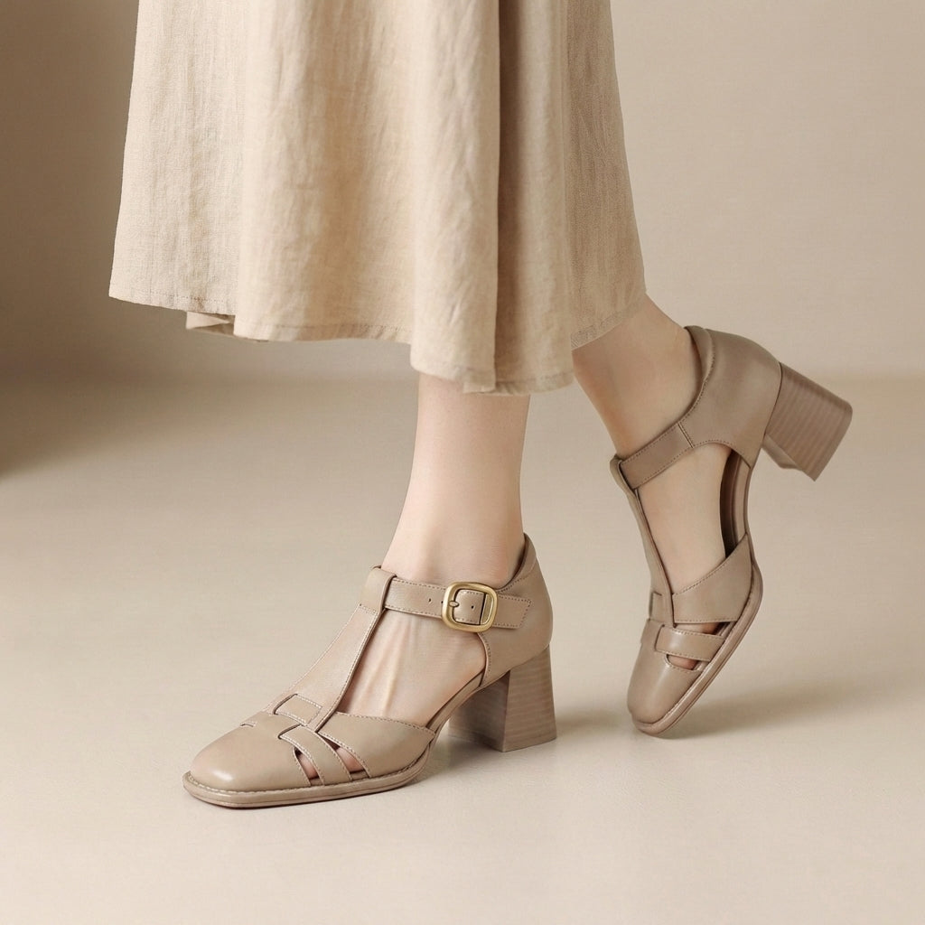 Square Toe Chunky Heeled Leather Cage Sandals for Women – Stylish & Comfortable Design